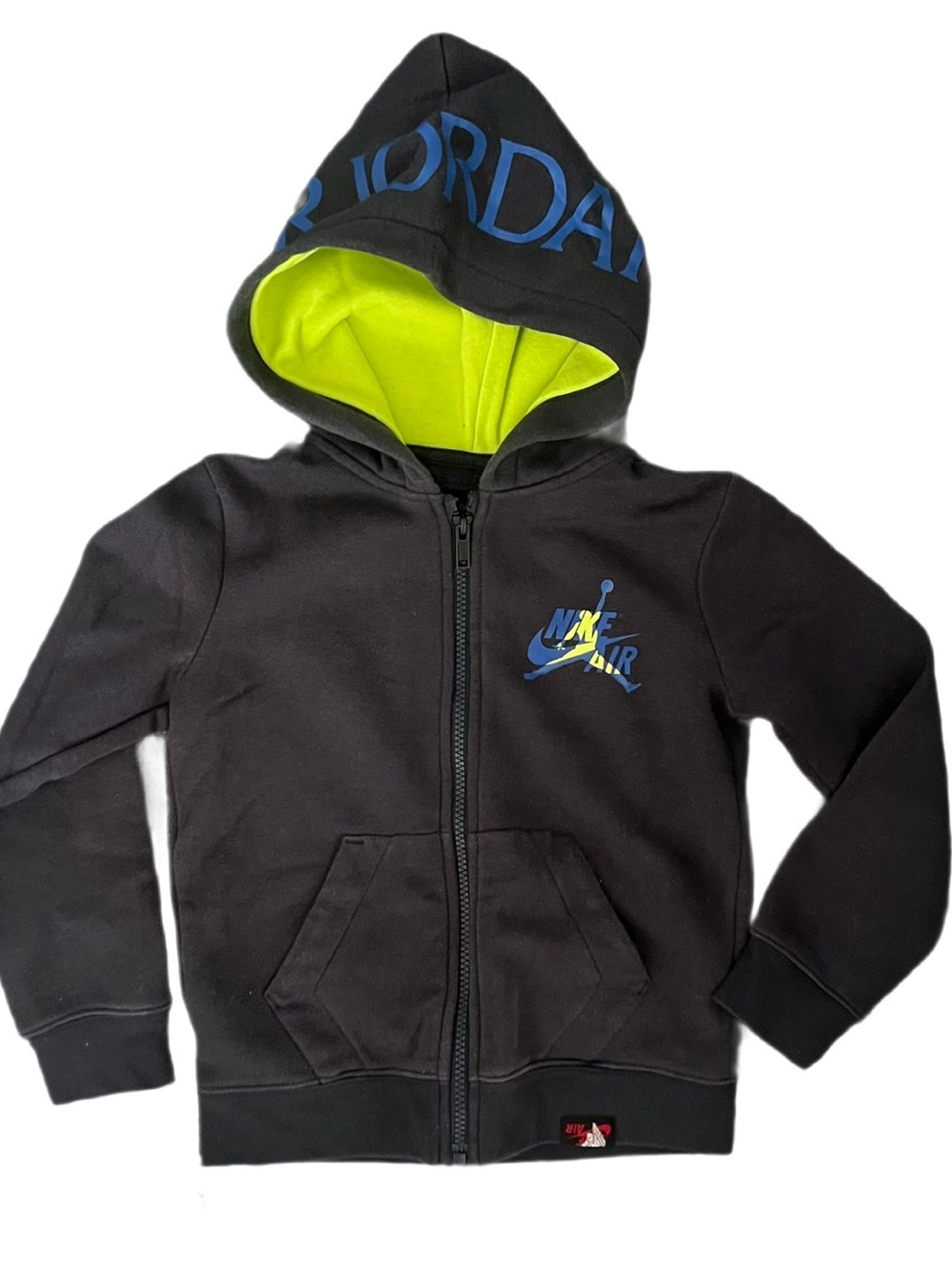 Jordan Boys Zip Hoodie with Neon Yellow-Green Lining and Blue Logo Size M